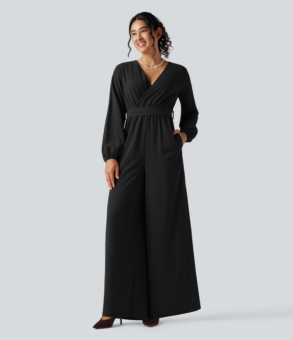 Combinaison pantalon de soirée large à décolleté en V, manches longues bouffantes, ceinture et poches