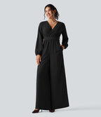 Combinaison pantalon de soirée large à décolleté en V, manches longues bouffantes, ceinture et poches