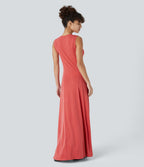 Robe Casual Maxi Col Rond Sans Manches Boutonnés