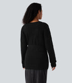 Cardigan décontracté en maille tricotée à manches longues avec ceinture et ouverture devant