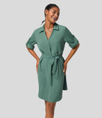 Robe-chemise décontractée à col, manches retroussables et ceinture