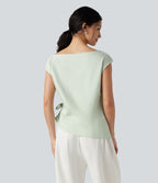 Blouse casual col bateau en mélange de lin à [manches cap] nouée sur le côté