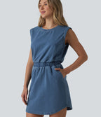 Robe mini casual en denim Halara Flex™ col rond sans manches ourlet arrondi avec poches