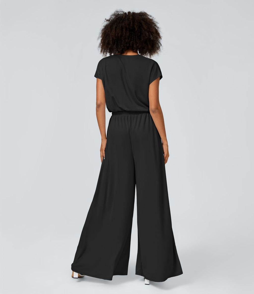 Combinaison Casual Col en V Jambes Large Plissée Manches Courtes Poche Latérale Gaufrée Fluide