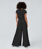 Combinaison Casual Col en V Jambes Large Plissée Manches Courtes Poche Latérale Gaufrée Fluide