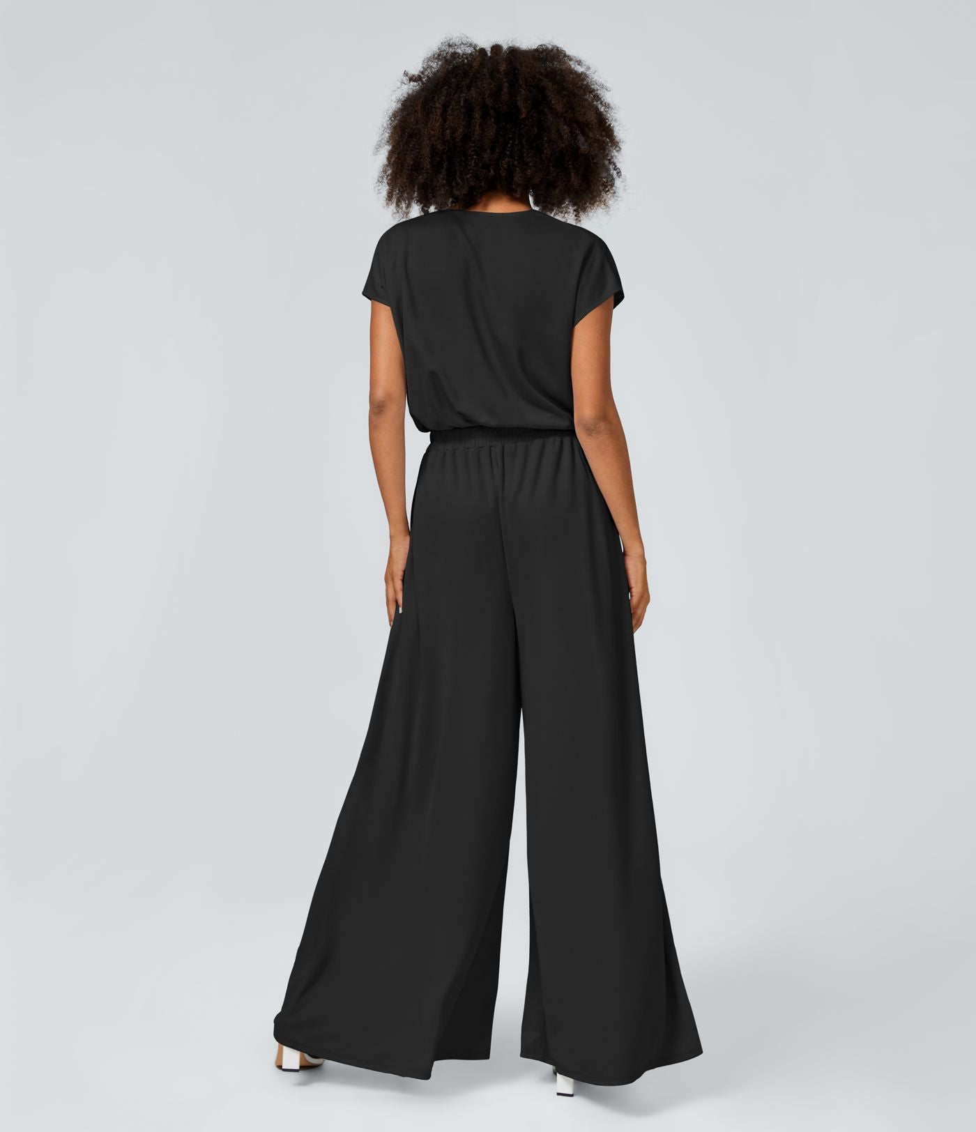 Combinaison Casual Col en V Jambes Large Plissée Manches Courtes Poche Latérale Gaufrée Fluide