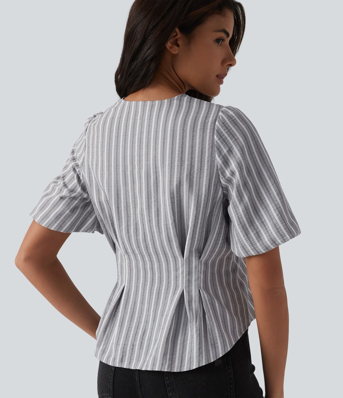 Blouse casual à rayures col V et manches bouffantes mi-longues