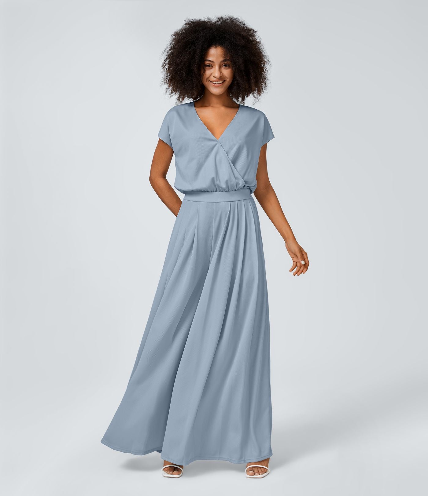 Combinaison Casual Col en V Jambes Large Plissée Manches Courtes Poche Latérale Gaufrée Fluide