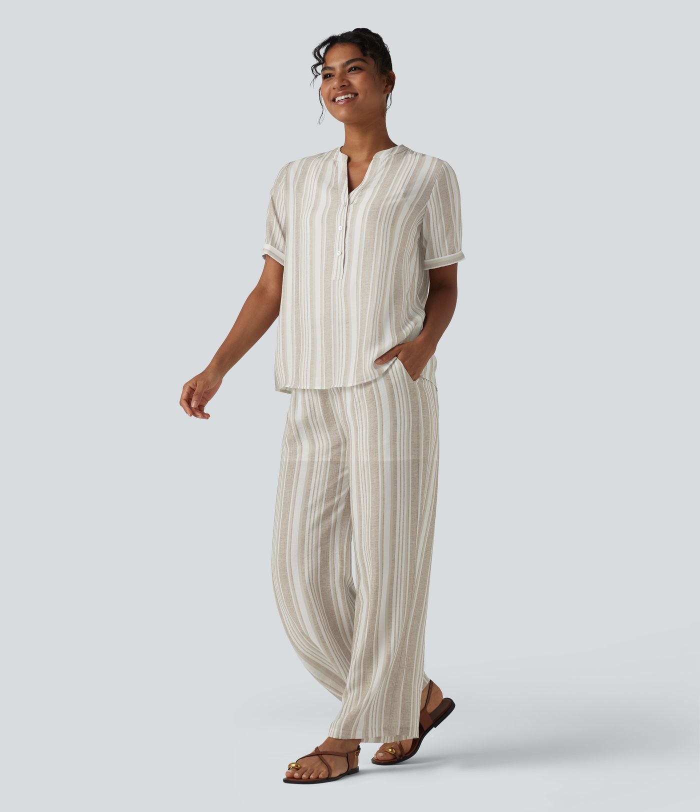Pantalon casual large rayé taille haute avec poches