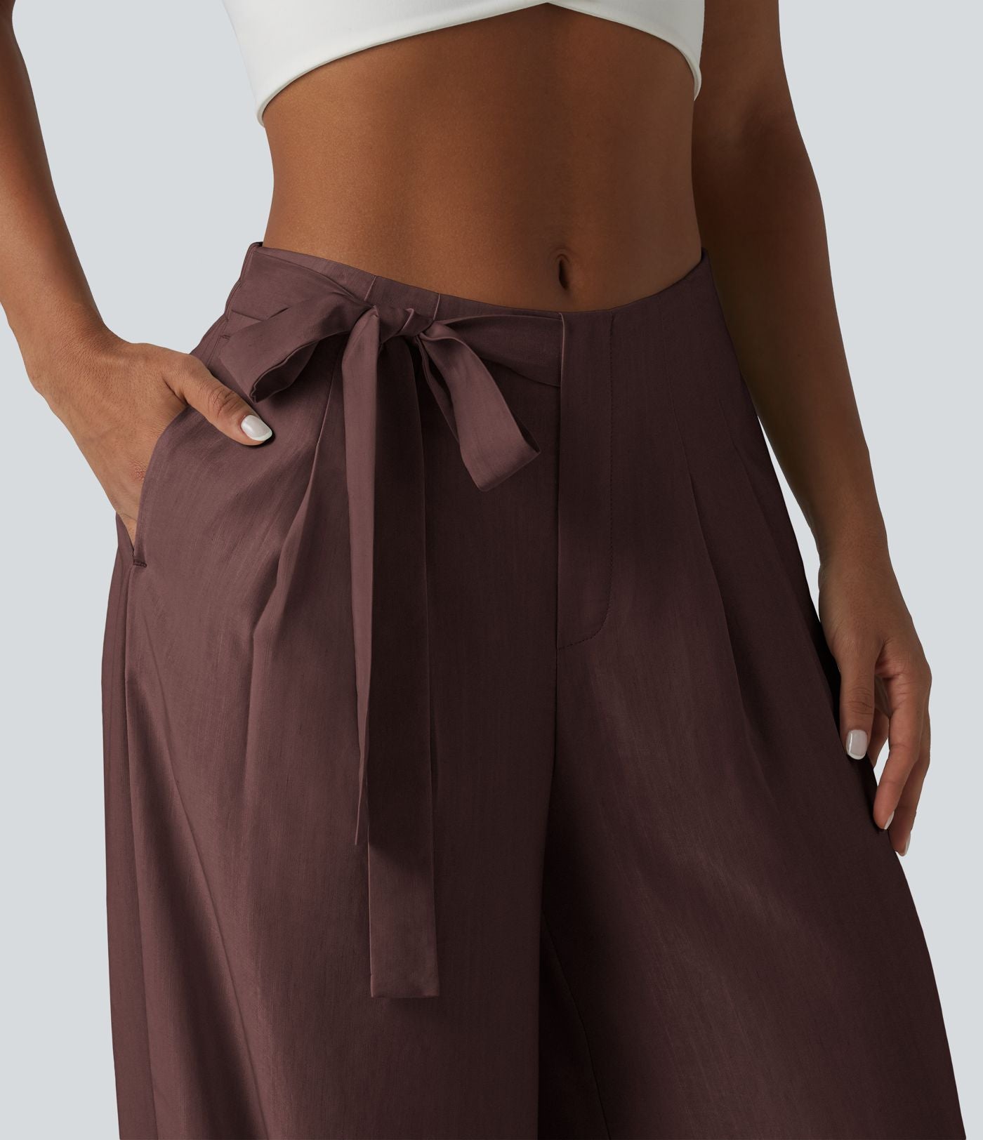 Pantalon large fluide taille haute en lin mélangé avec poches et liens latéraux