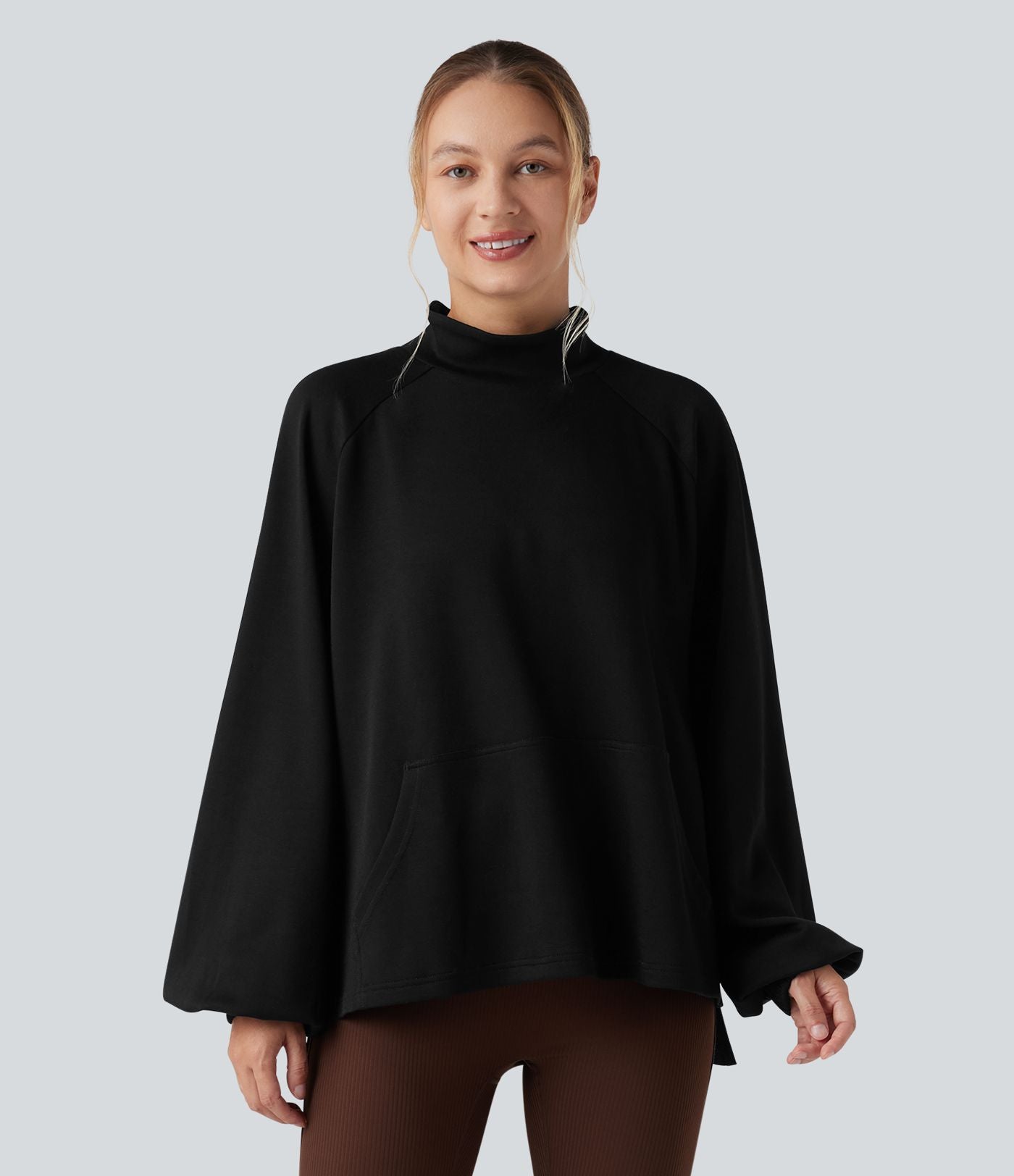 Sweat-shirt col montant à manches longues ourlet asymétrique avec poche