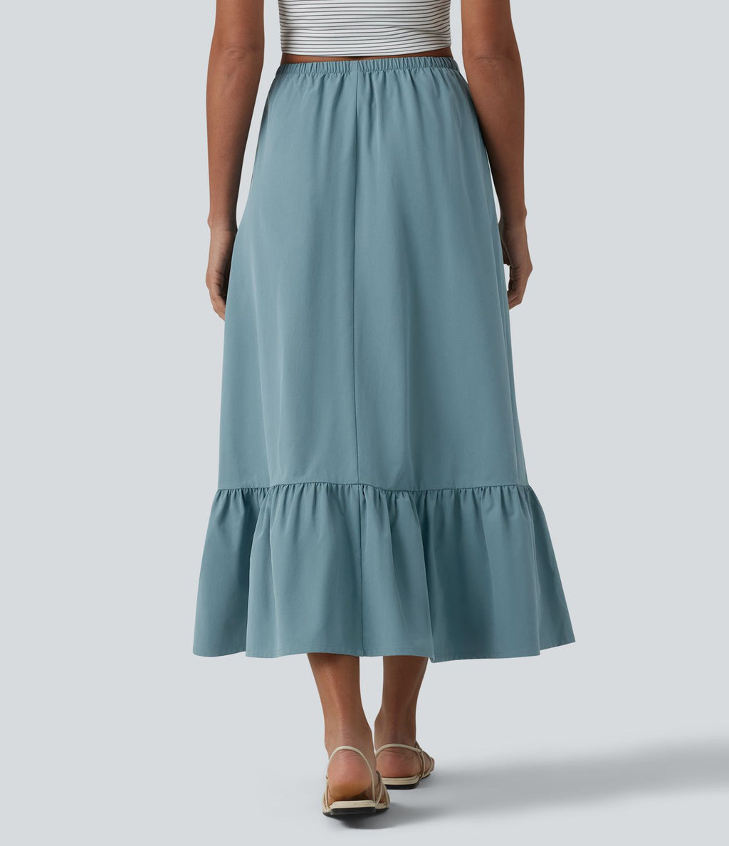 Jupe casual mi-longue évasée en popeline stretch taille haute avec cordon de serrage, ourlet volanté et poches
