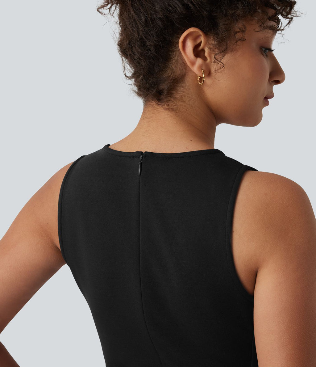 Robe tailleur mini sans manches à col rond froncée avec poches