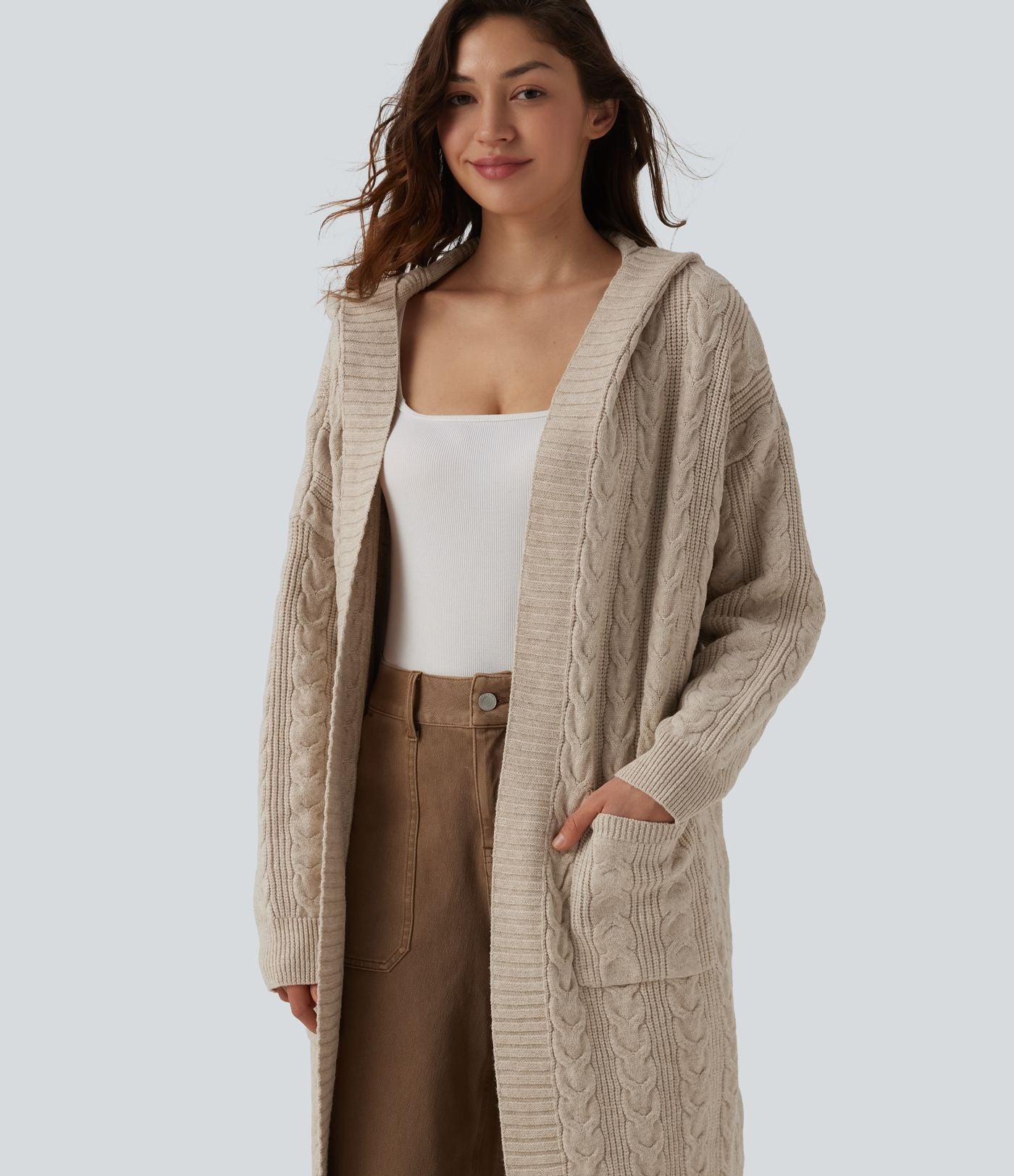 Gilet long casual à capuche manches longues avec poches