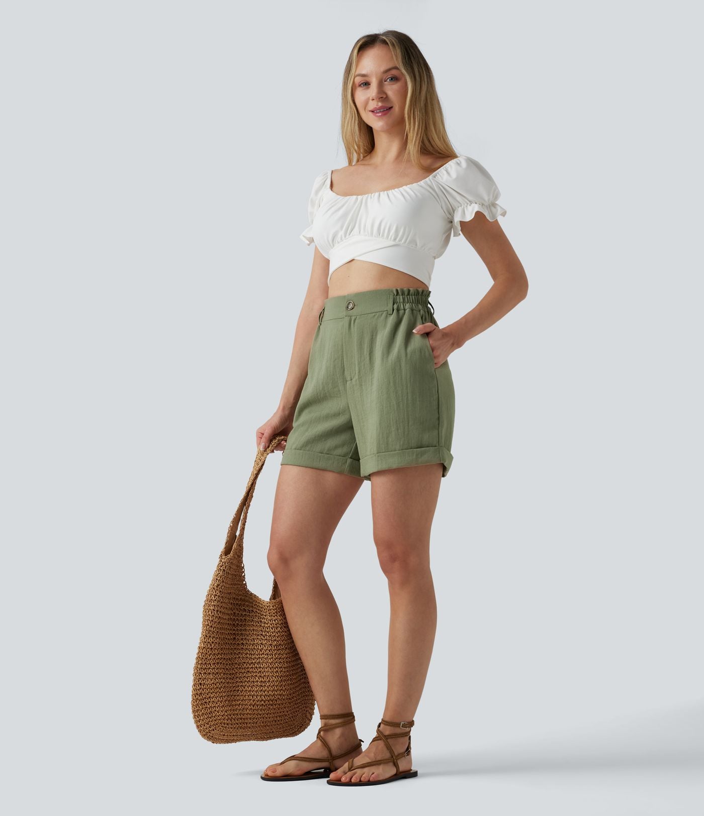 Short resort 12,5 cm taille haute effet lin avec ourlet roulotté et poches