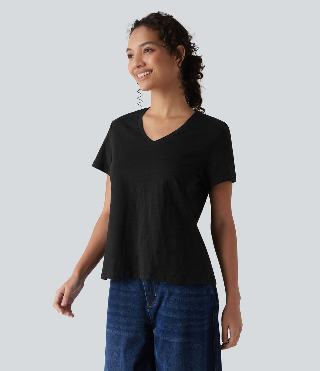 T-shirt casual ample col V manches courtes en coton slub