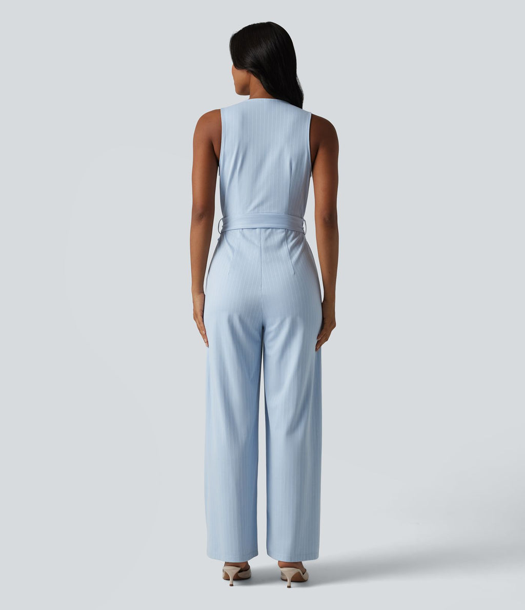 Combinaison tailleur sans manches à col V, ceinturée, avec zip invisible, rayures et effet frais avec poches, accès facile Easy Peasy