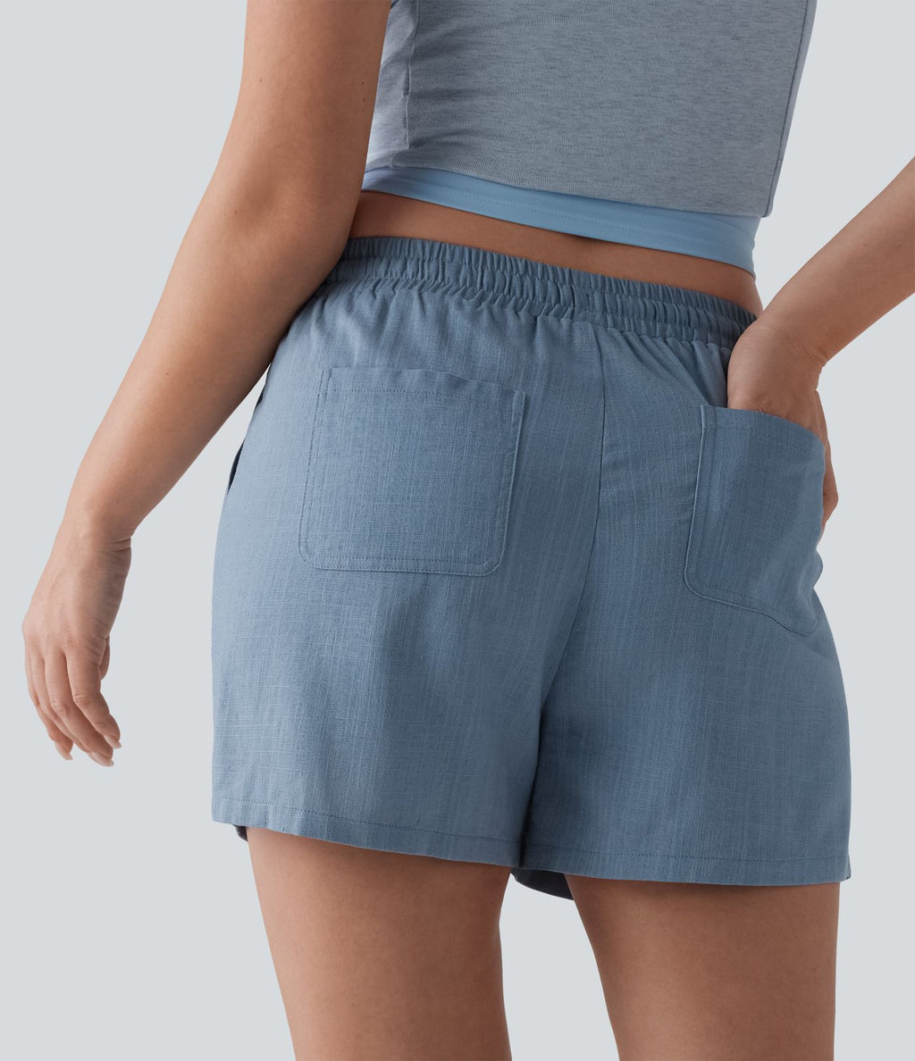Short casual lin taille mi-haute avec cordon de serrage et poches