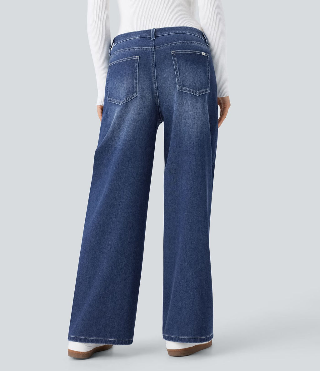 Halara Flex™ Jean Large Casual Taille Basse avec Boutons Zip Multiples Poches Lavés Élastiques et Tricotés