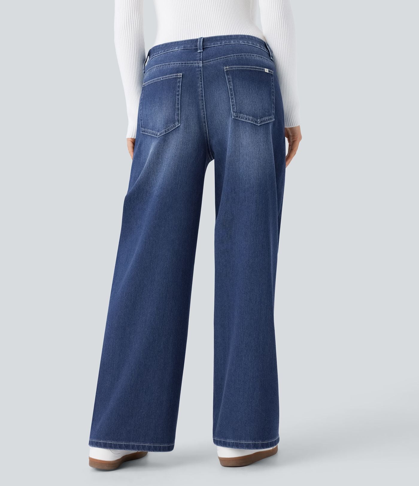 Halara Flex™ Jean Large Casual Taille Basse avec Boutons Zip Multiples Poches Lavés Élastiques et Tricotés