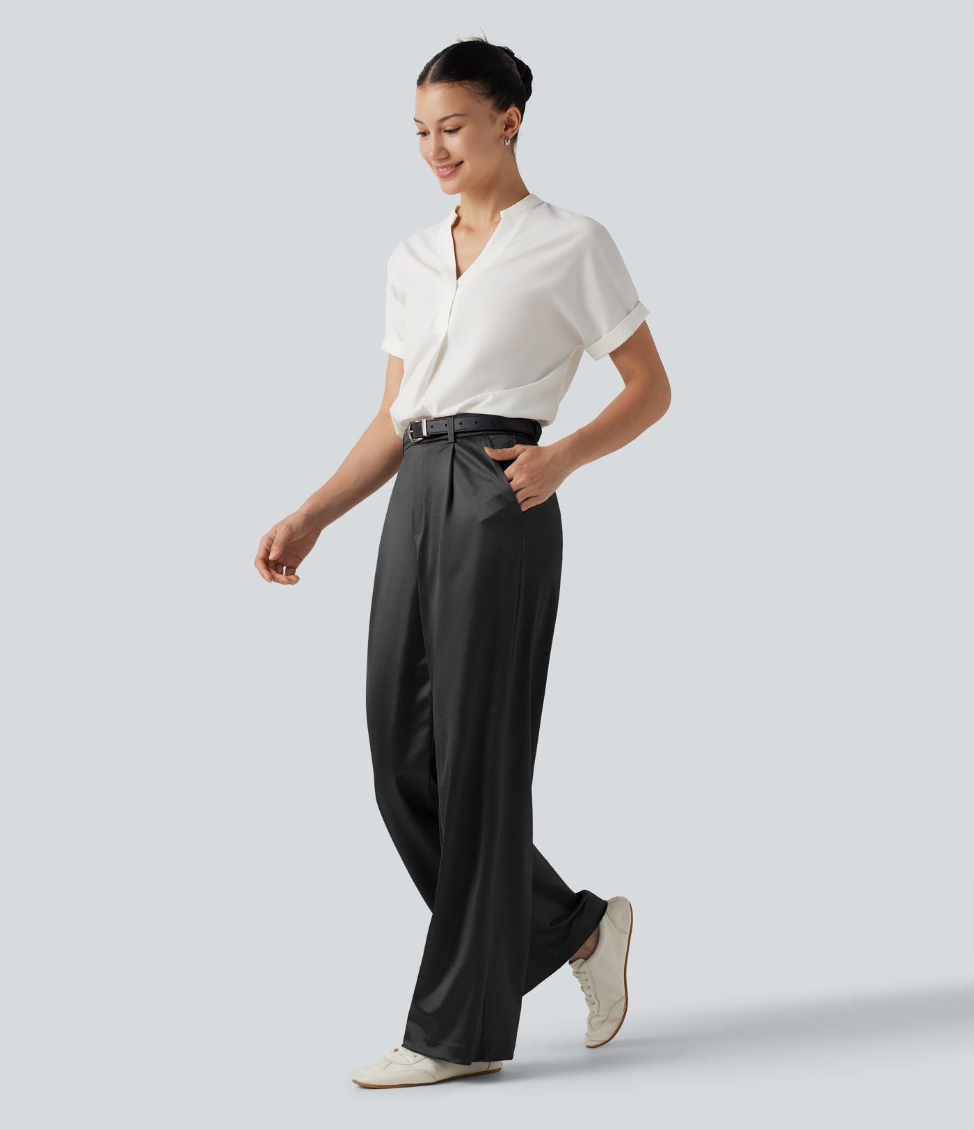 Pantalon satin taille haute esprit bureau avec poches