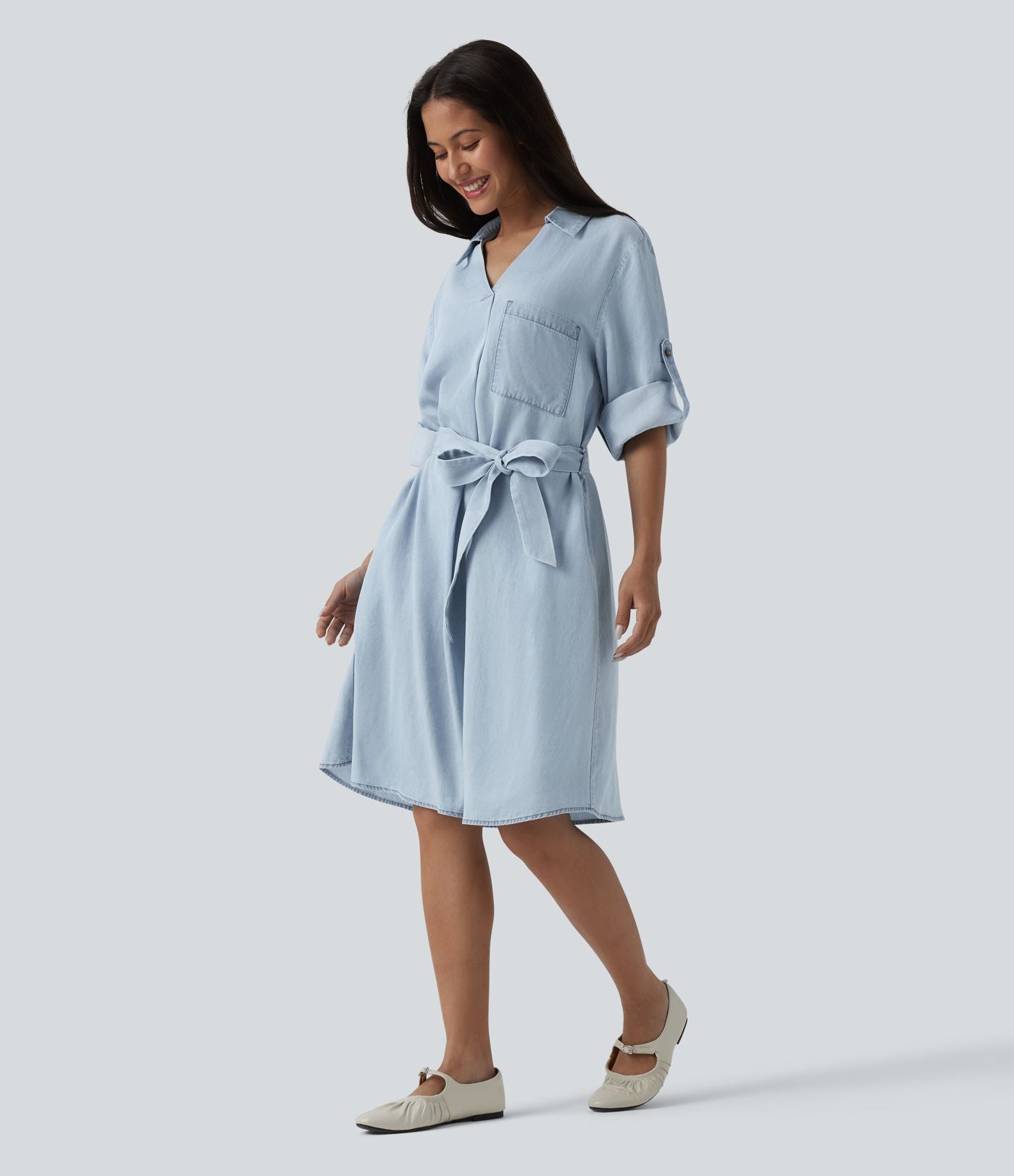 Robe courte casual denim en lyocell col V manches longues avec nœud devant et poches