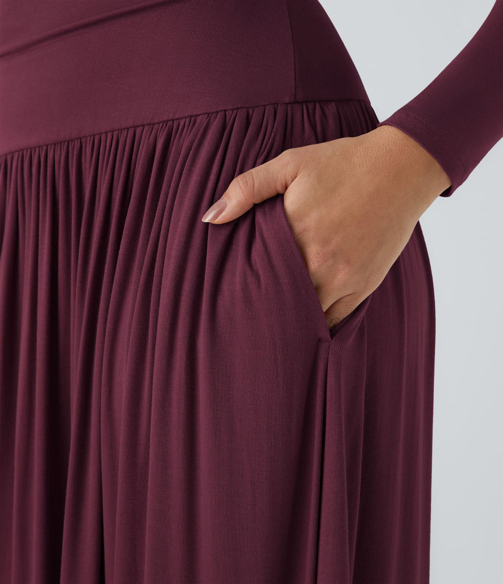 Robe Casual Maxi Fluide Encolure Bateau en Côtes avec Poches Latérales et Froncée