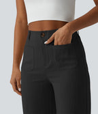 Pantalon taille haute coupe droite effet lin avec poches