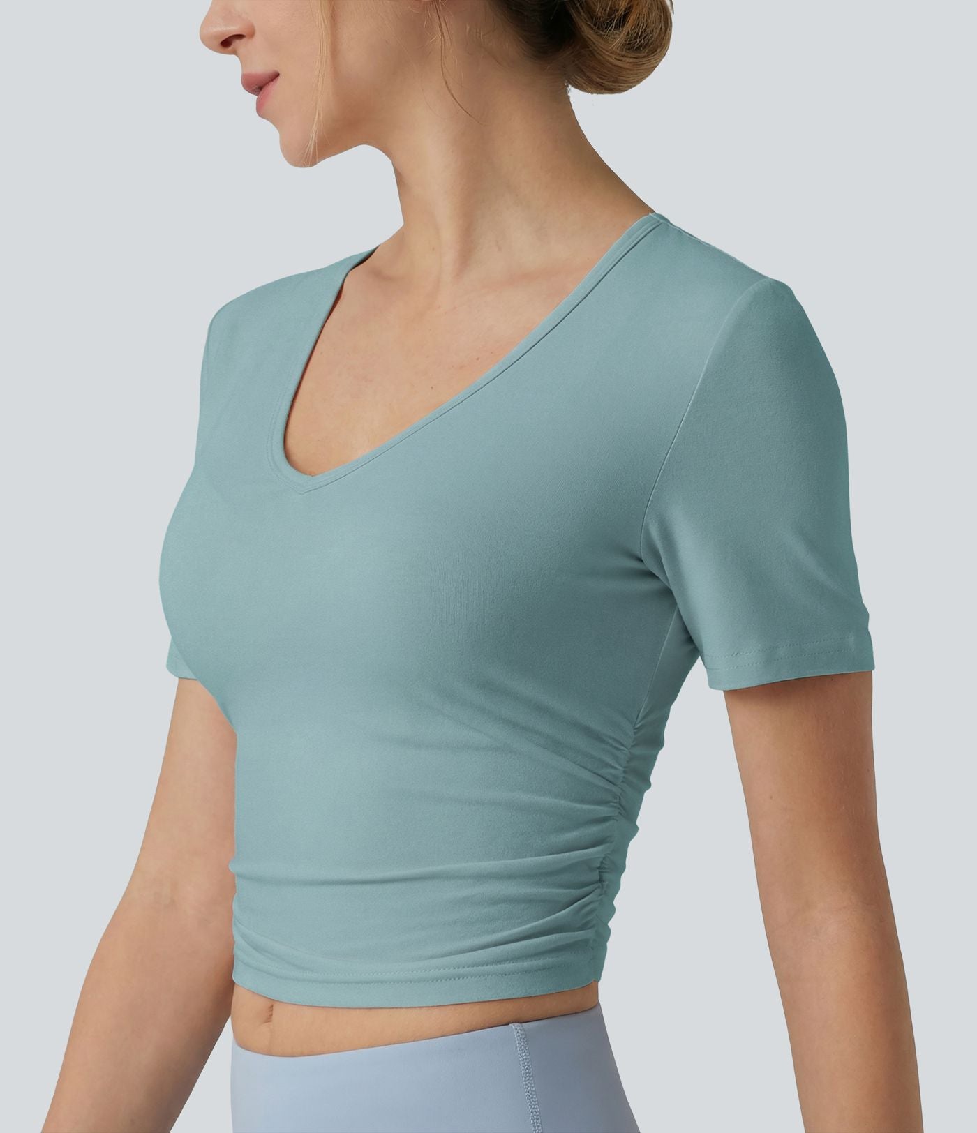 T-shirt décontracté col V manches courtes coupe courte