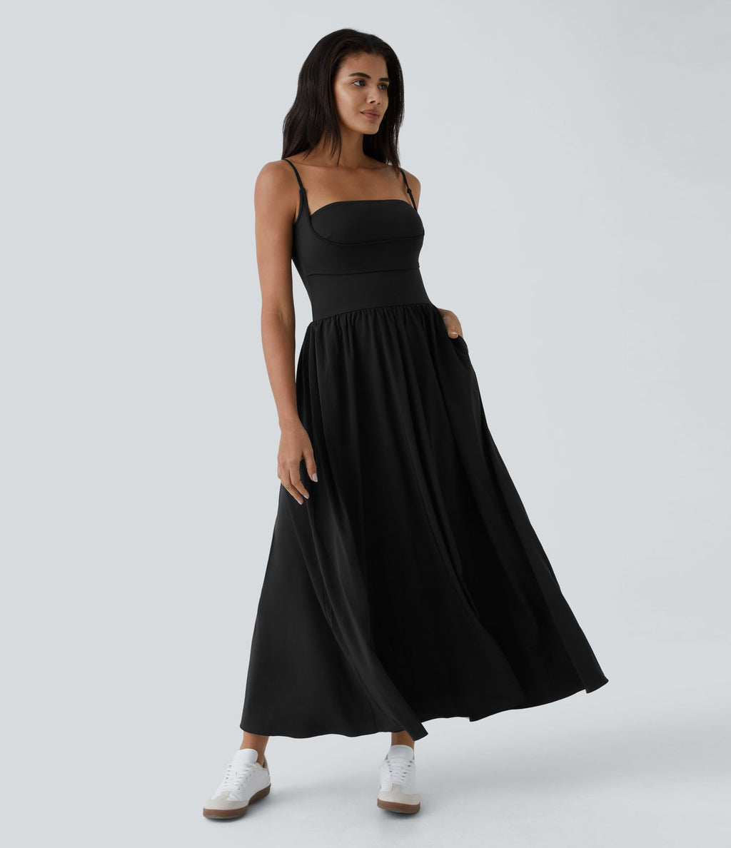 Breezeful™ Robe Débardeur Casual Dos Nu Poches Latérales Plissée Évasée Longue Séchage Rapide