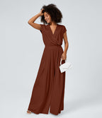 Combinaison Casual Col en V Jambes Large Plissée Manches Courtes Poche Latérale Gaufrée Fluide
