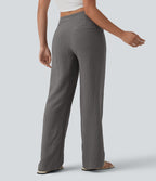 Pantalon large fluide décontracté en lin mélangé à rayures taille mi-haute avec cordon de serrage et poches