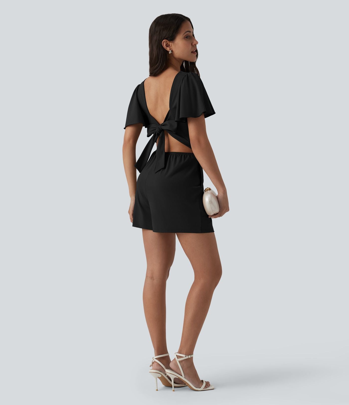 Combishort décontracté SoftlyZero™ Airy à volants manches courtes avec nœud au dos et effet frais InstantCool avec poches, accès facile Easy Peasy