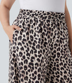 Pantalon décontracté grande taille large fluide taille haute imprimé léopard avec cordon de serrage et poches latérales