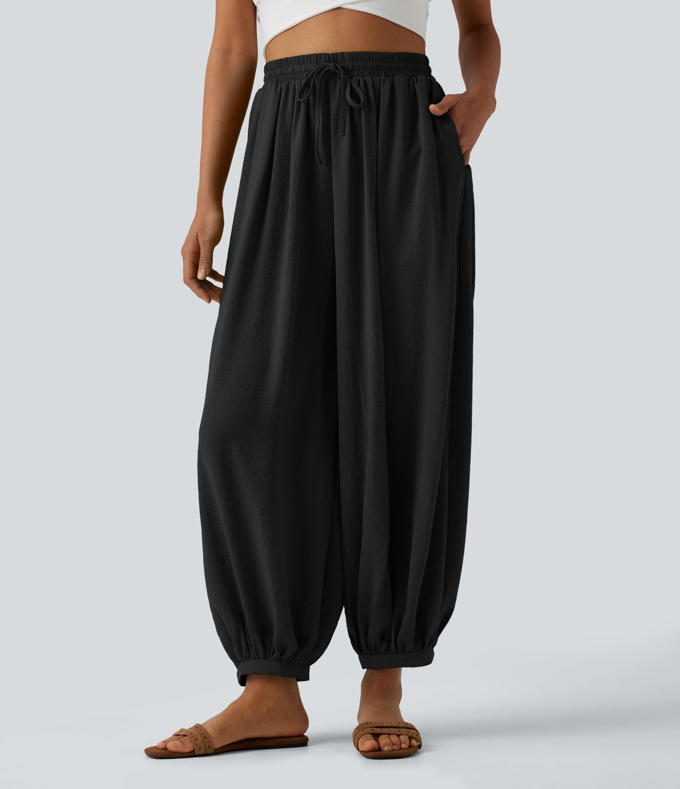 Pantalon ballon fluide resort taille haute effet lin avec cordon de serrage et poches