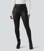 Legging décontracté taille haute en tissu enduit brillant avec poches