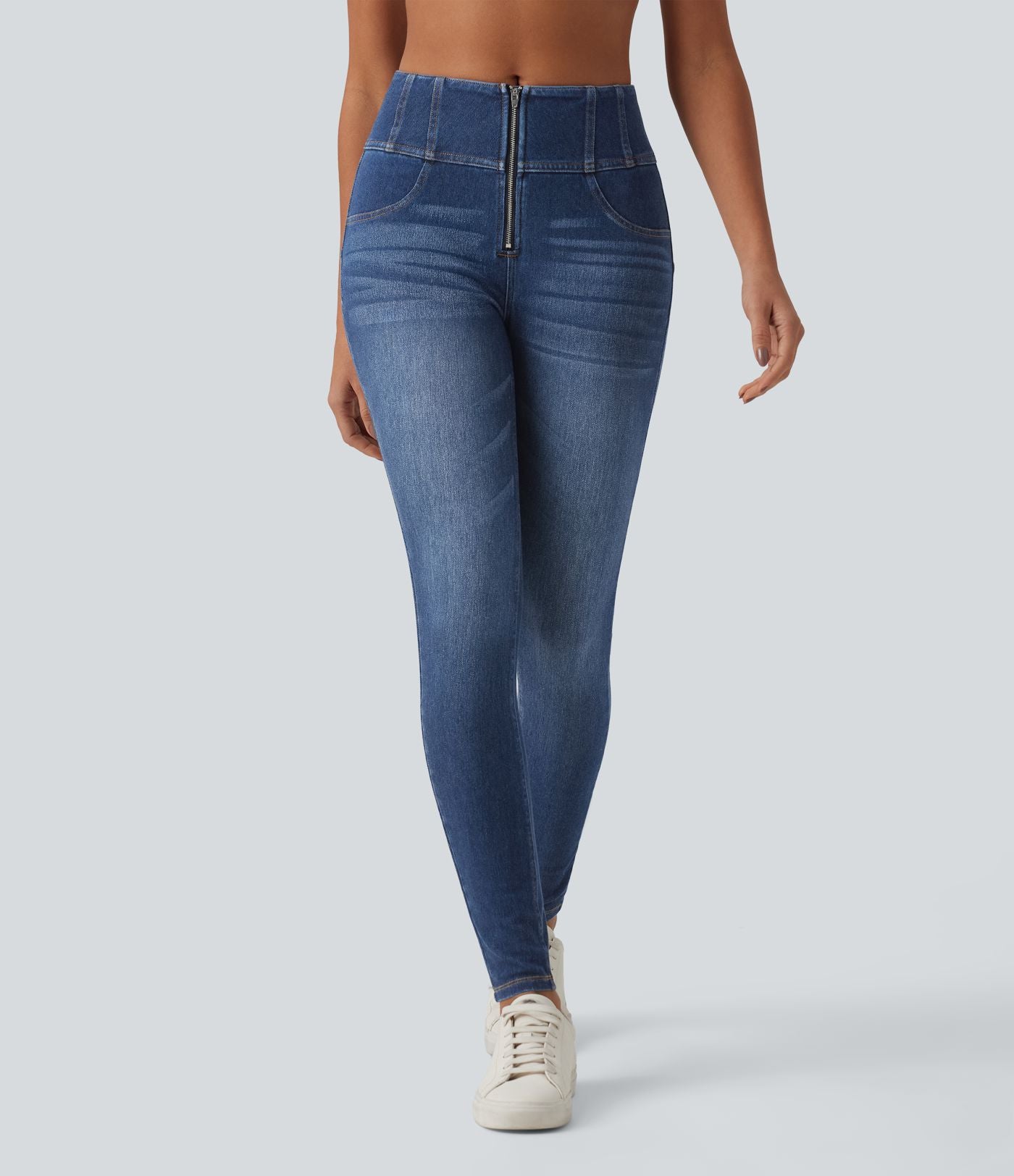 Jean Halara Flex™ skinny décontracté taille mi-haute zippé, effet ventre plat, avec poches