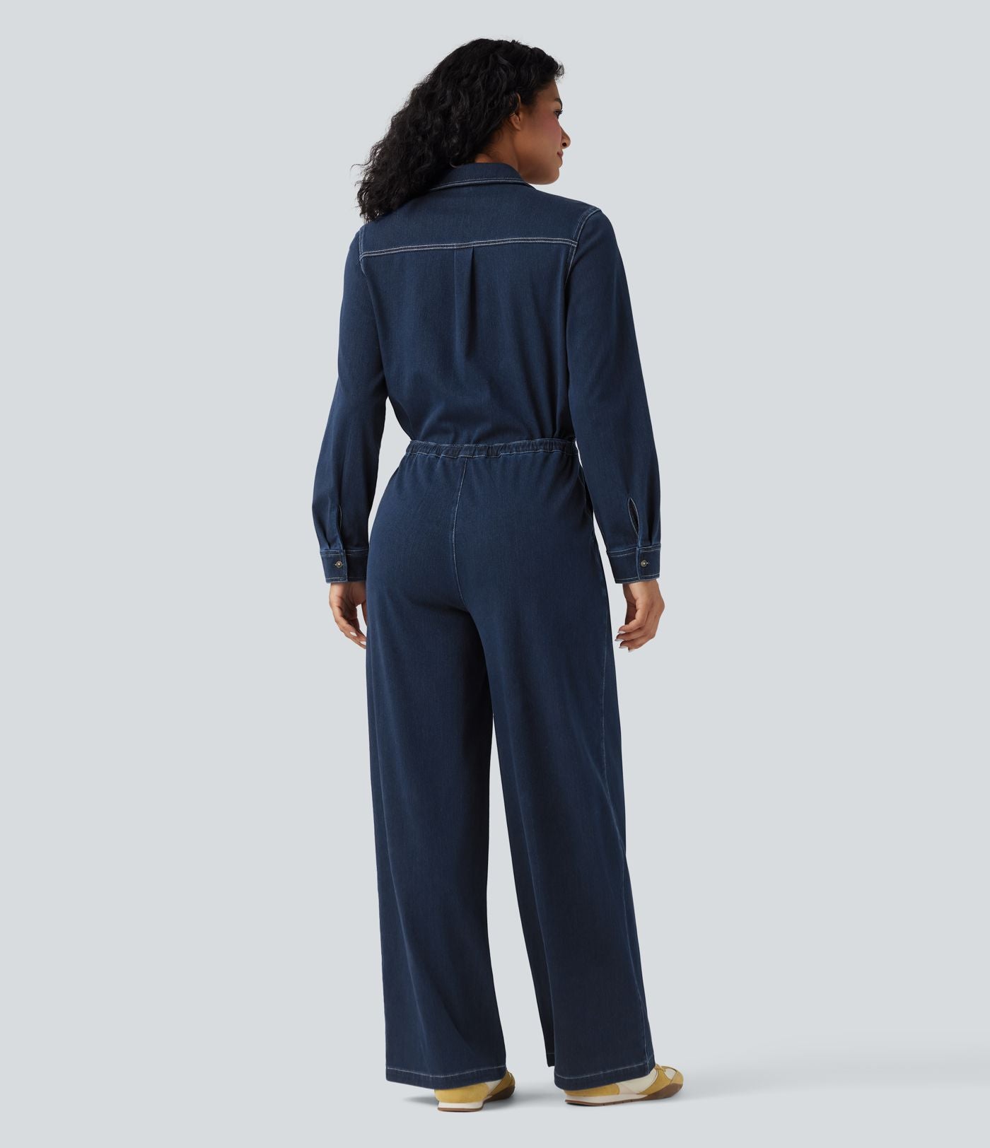 Combinaison denim délavé Halara Flex™ jambes larges manches longues avec cordon de serrage et poches - Édition Easy Peasy