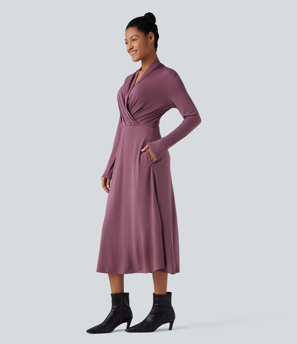 Robe de travail midi col V à manches longues avec poches