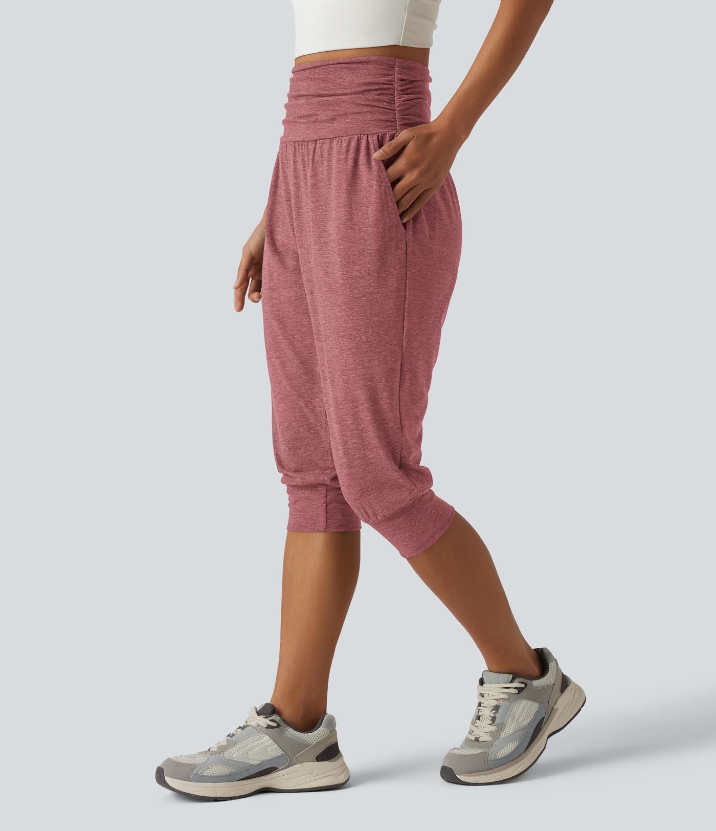 Jogging yoga corsaire chiné taille haute à fronces avec poches