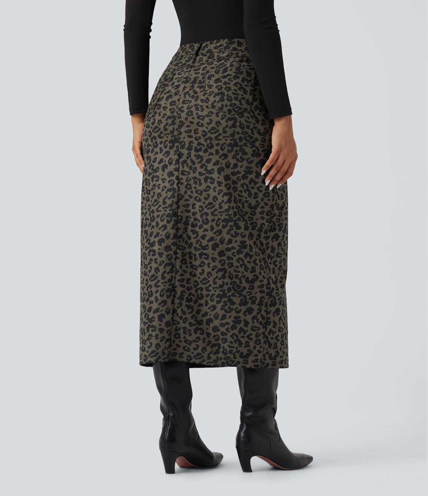 Jupe mi-longue décontractée imprimé léopard taille mi-haute avec poches