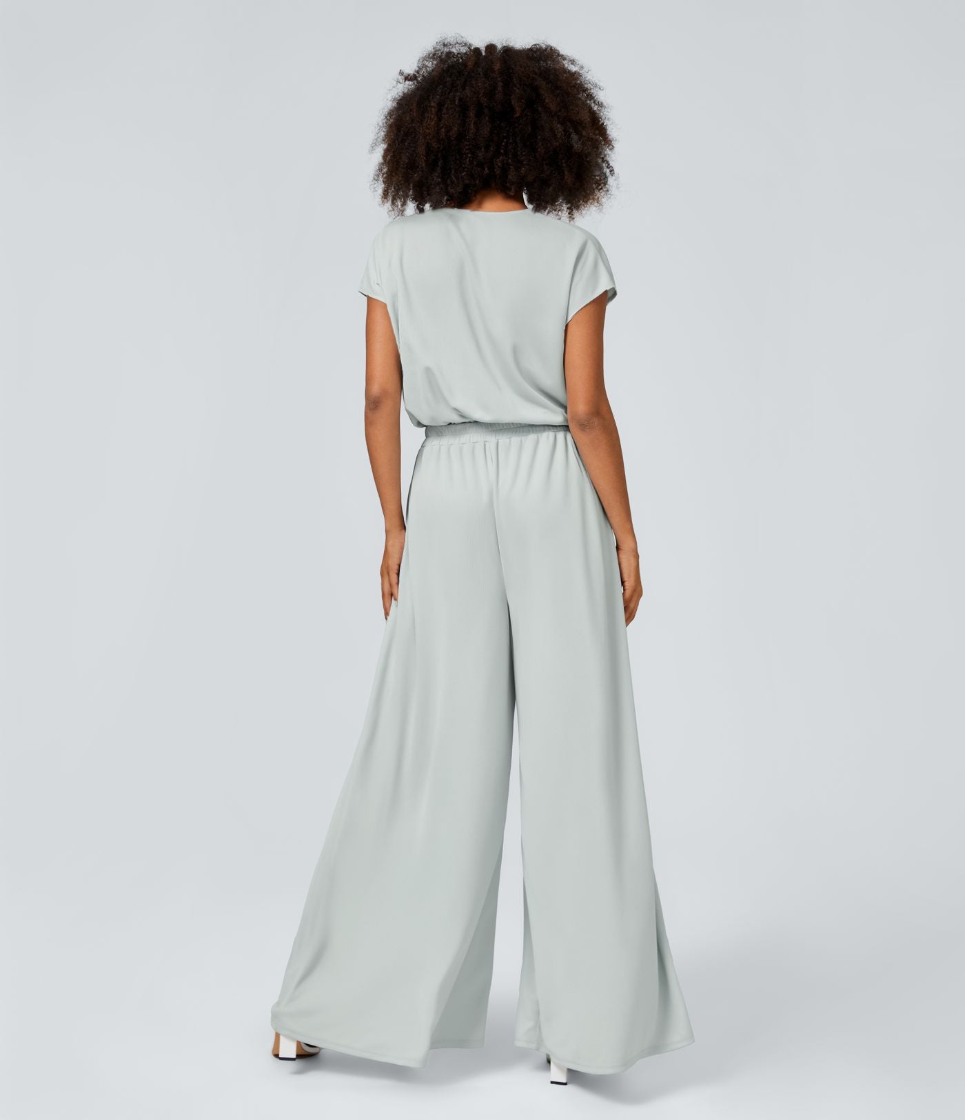 Combinaison Casual Col en V Jambes Large Plissée Manches Courtes Poche Latérale Gaufrée Fluide