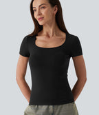 T-shirt Halara décontracté en jersey de coton, col carré, manches courtes, coupe ultra-ajustée effet chiné