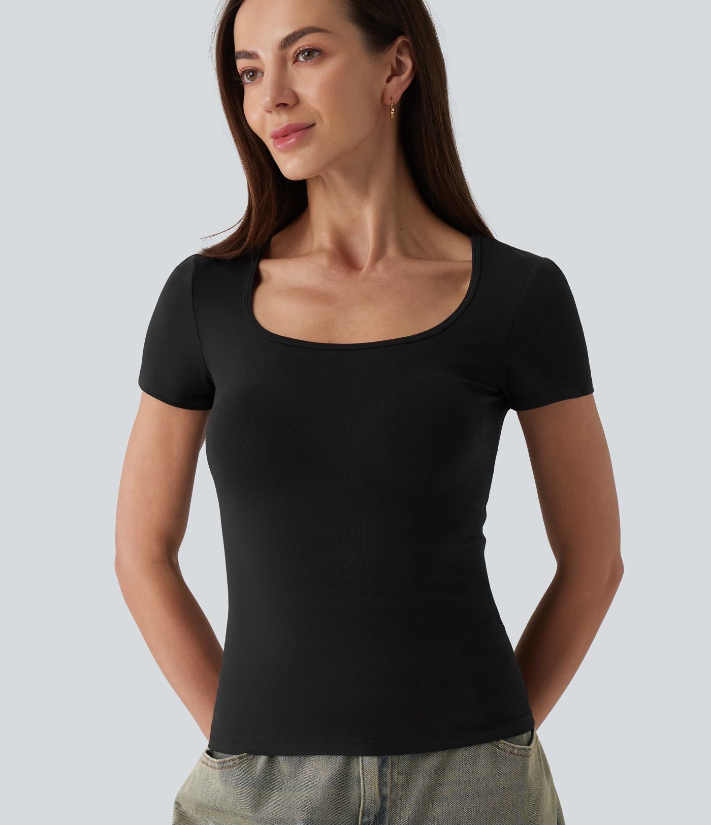 T-shirt Halara décontracté en jersey de coton, col carré, manches courtes, coupe ultra-ajustée effet chiné