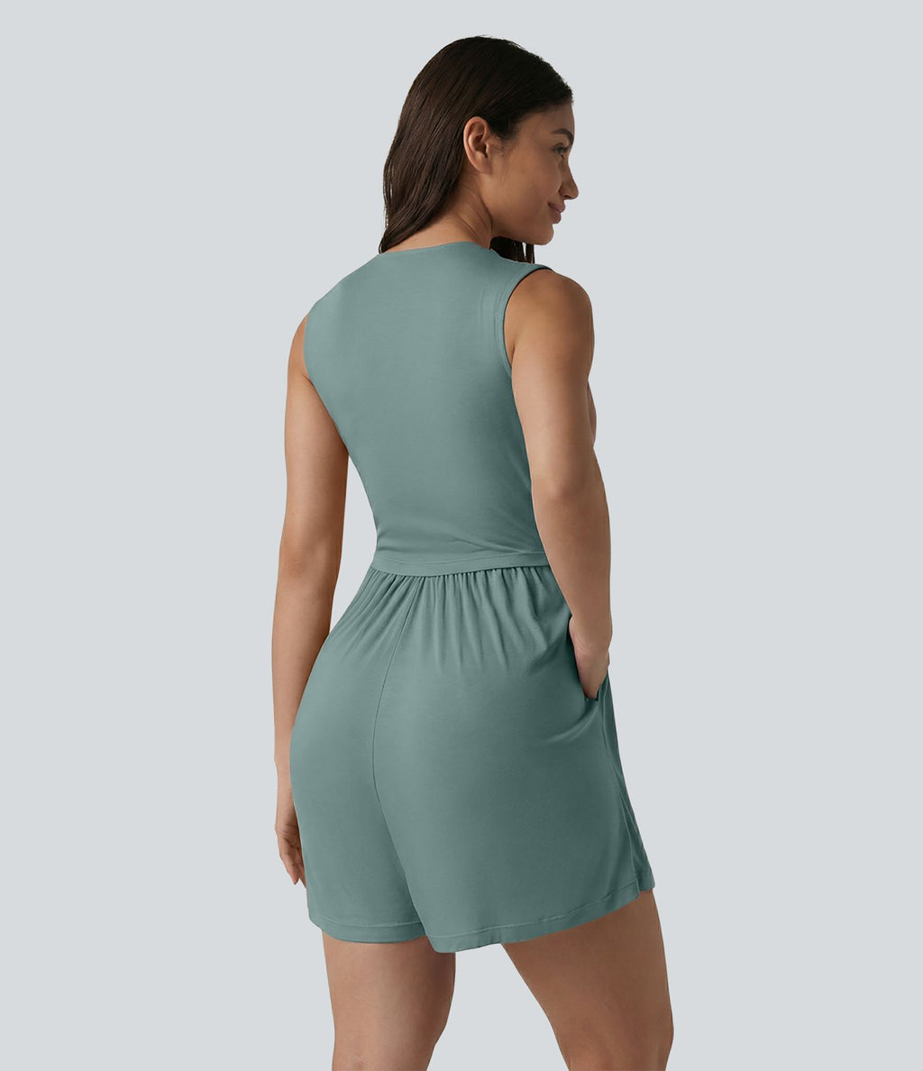 Combishort casual côtelé sans manches col V, fronces et soutien-gorge intégré, avec poches – Easy Peasy