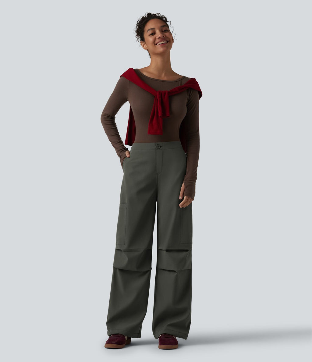Pantalon parachute large fluide décontracté en polaire taille haute avec poches