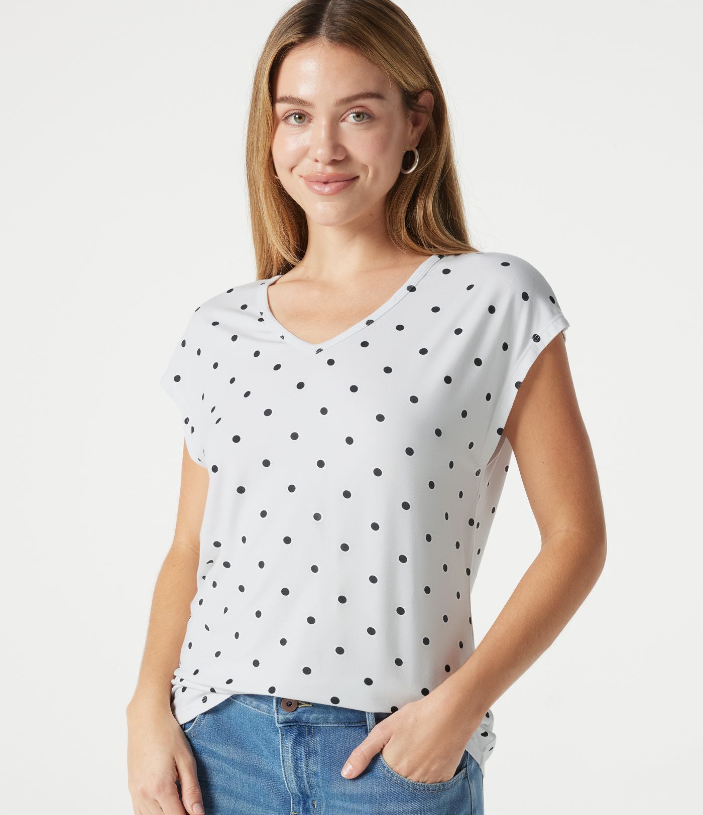 T-shirt casual col V à manches courtes à pois