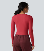 T-shirt tailleur côtelé court col V manches longues
