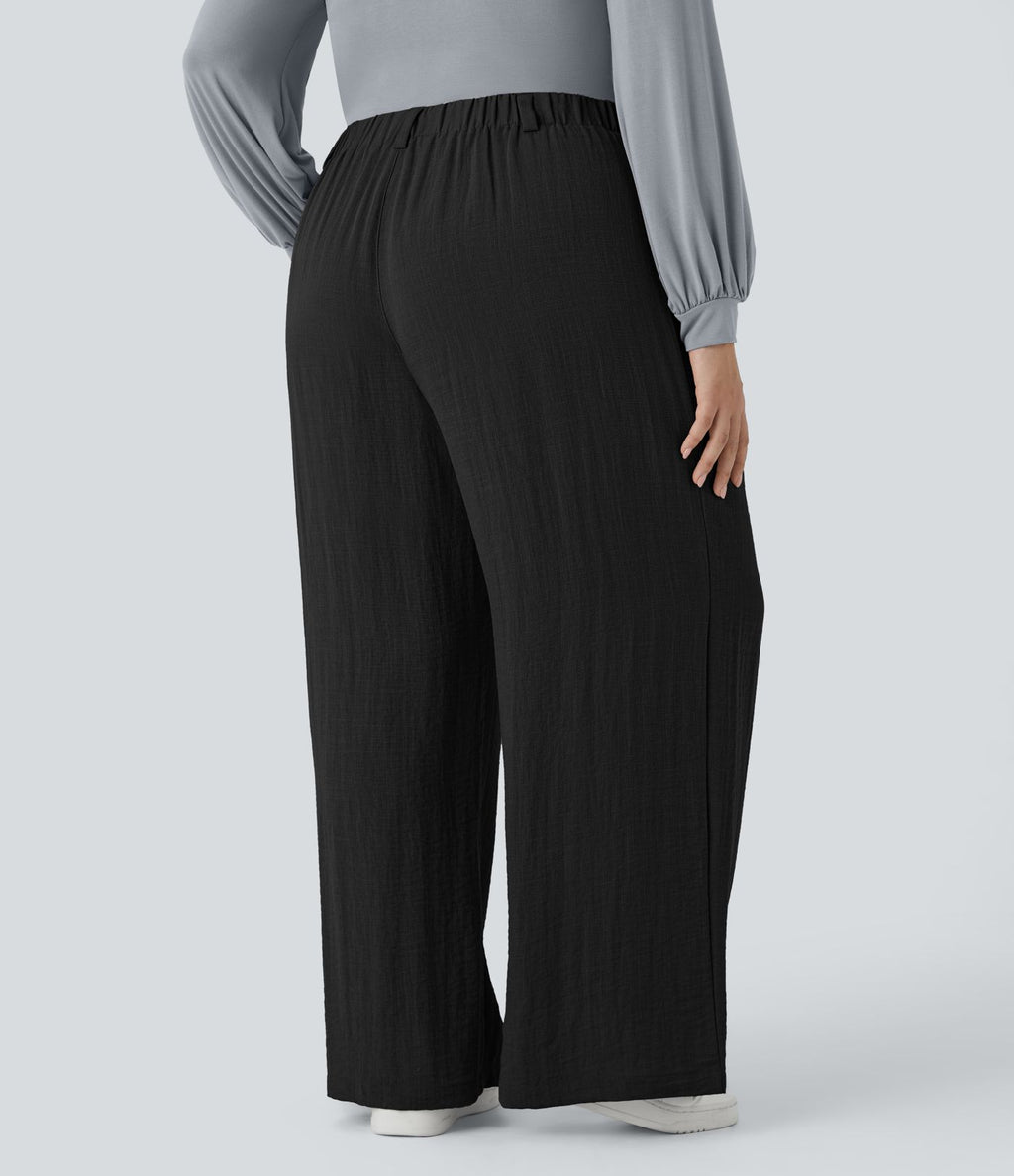 Pantalon décontracté palazzo large effet lin, taille haute, grande taille, avec poches
