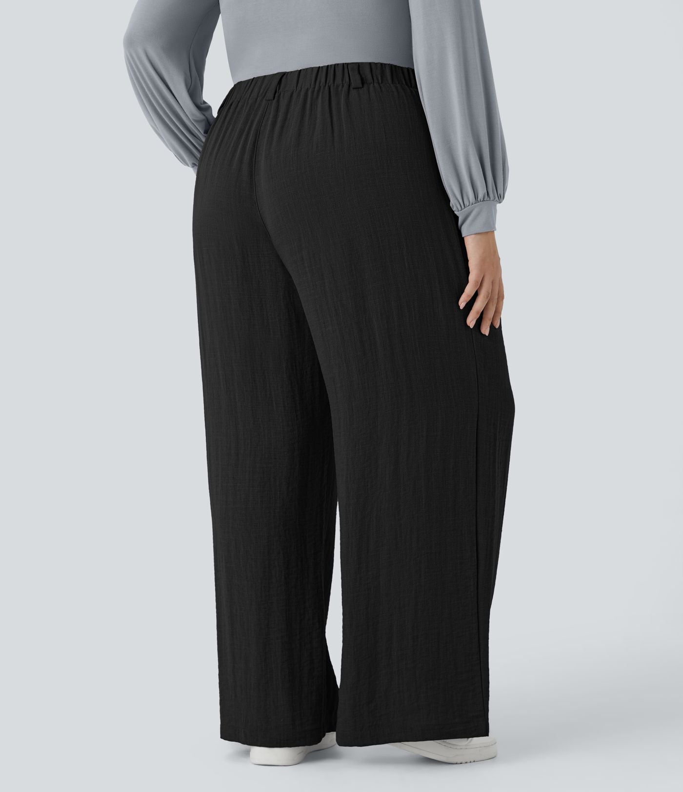 Pantalon décontracté palazzo large effet lin, taille haute, grande taille, avec poches